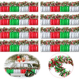 16 Pcs Christmas Parade Float Decorations Including 8 Pcs 9.9 ft Red Green and Silver Metallic Foil Fringe and 8 Pcs 9.9 ft Tinsel Garlands for Christmas Party Car Decorations