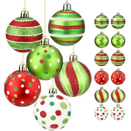 12 Pcs Christmas Ball Ornaments 2.4 Inch Green Red White Christmas Tree Decorations Elf Glittering Plastic Hanging Decorations Balls Polka Dots Stripes Tree Xmas