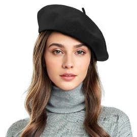 Komorebi Beret Hats for Women Black Wool French Beret Solid Color Warm Caps Girls Stylish Classic Black