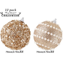 Champagne Christmas Ball Ornaments, Christmas Ball Decorations Shatterproof Plastic Hanging Pearl Balls for Holiday Party(70mm/2.76", 12ct)
