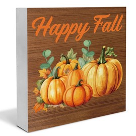Fall Decor Autumn Pumpkins Wooden Box Sign Fall Harvest Decorations Rustic Home Desk Shelf Tabletop Decor 5 x 5 Inches