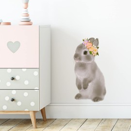 RoyoLam Gray Rabbit with Flowers Wall Decal Nursery Bunny Animal Wall Sticker Removable Peel and Stick Waterproof Wall Art Decor Stickers for Kids Baby Classroom Living Room Playing Room Bedroom