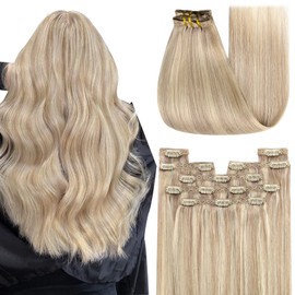 YoungSee #18/613 Clip-In Real-Hair Extensions, Blonde, Light Blonde with Strawberry Blonde, Remy Hair Extensions, Straight, 30 cm, 80 g