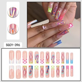 VIVABOMS French Flame Press On Nails,Long Stiletto False Nails with Dynamic Fire Design, Bold Glue-On Nail Art Tips for Women and gilrs, Party, Wedding & Daily Edgy kits 24PCS