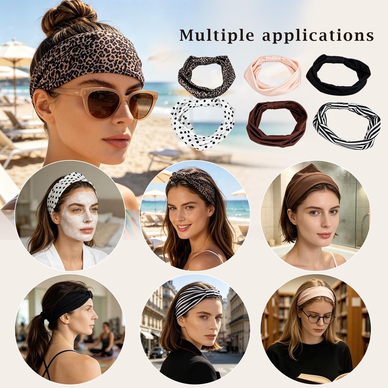 6 P Leopard Print Knotted Bow Headbands for Women, Wide