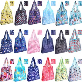 Weewooday 18 Pieces Foldable Reusable Shopping Bags Machine Washable Bags Waterproof Nylon Reusable Grocery Bags with Pouch Tote Bags (Cute Style)