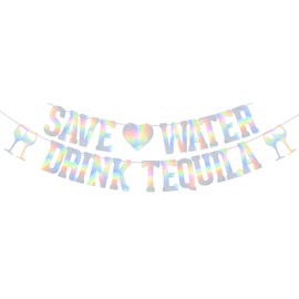 Save Water Drink Tequila Banner, Tacos And Tequila Party Decorations For Fiesta/Birthday Decorations, Tequila Party Decorations Fiesta Theme Bachelorette Party Decors Sign Holographic Glitter