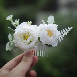Fangsen Silver Boho Freesia Rose Buds Floral Hair Piece Bridal Floral Hair Headpiece Barrette Prom Girl Festival for Flower Girl Brides and Bridesmaids (White)