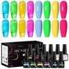 MTSSII Neon Jelly Gel Nail Polish Set 12pcs Clear Crytal Glass Yellow Blue Green Red Pink Rose Transparent Sheer Gel Varnish with Base Top Coat, Nail Dehydrator and Primer LED UV Curing Requires