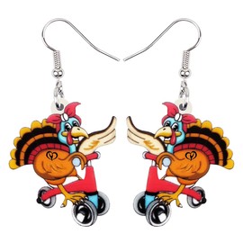 OUSIO Thanksgiving Day Acrylic Funny Scooter Turkey Earrings Cartoon Playful Chicken Farm Animals Hypoallergenic Dangle Jewelry For Women Charm Party Decor Gifts (Brown)