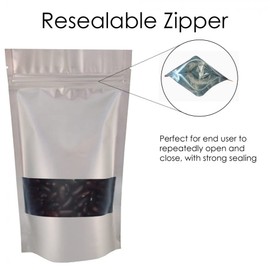 RIGHTPAK Window Silver Matt 100 Pieces 9cm x 14cm Heat Selable Stand Up Pouches for Food Storage with Resealable Zipper Lock