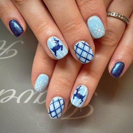 24Pcs Blue Press on Nails Short Square - Christmas Dark Blue Glitter Fake Nails with Xmas Elk Snowflake Plaid Designs Glue on Nails Christmas Nails Full Cover Glossy Artificial False Nails for Women