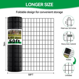 Welded Wire Fence, 50ft(L) x 36inch(H) PVC Anti-Rust Coated Wire Mesh, 2 Inch x 3 Inch 16GA Garden Edging Border, Roll Metal Animal Barrier for Yard Vegetable Plant Protection Poultry Netting