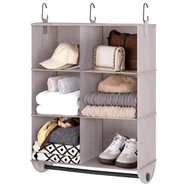 StorageWorks Hanging Closet Organizer with Garment Rod, 6-Section Closet Hanging Shelves, Hanging Clothes Cube Organizer,Light Khaki, 12 ¼" D x 24 ½" W x 33 ½" H