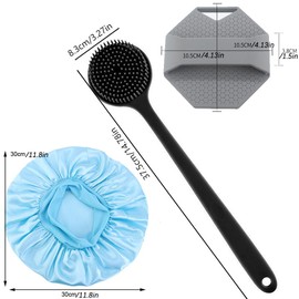 Gorro de ducha cepillo de baño juego de 3 piezas, mango largo cepillo de baño mango de diseño ergonómico, corto cepillo de baño de una sola pieza antideslizante, no es fácil caerse al bañarse, gorro de ducha para evitar que el agua del baño moje el pelo,