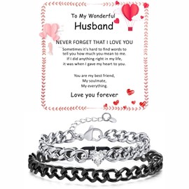 Matching Couple Cuban Chain Bracelets Gifts for Boyfriend Husband Soulmate Girlfriend Valentine's Day Anniversary Birthday Christmas Gift for Him and Her,Adjustable Size (Black+Silver, Husband)