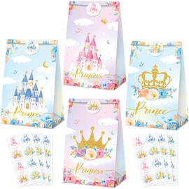 Nezyo 32 pcs Princess Prince Favor Bags Princess Crown Castle Party Bags include 4 Style Sticker Handles Candy Goodie for Gender Reveal Bridal Shower Wedding Supplies