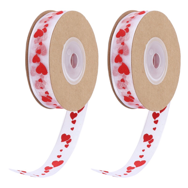 2pcs Red Ribbon 1.5cm/0.6in Wide Heart Pattern Packaging Ribbons DIY