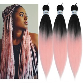 Ombre Pink Braiding Hair Pre Stretched,Easy Braid Top Kanekalon Synthetic Pre Stretched Braiding Hair Extensions,Yaki Texture Crochet Hair Braids(26inch 3Pcs).