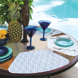 Wipe-Clean Reversible Wedge Shaped Placemats, Blue Tiles, Set of 2, Made in The USA