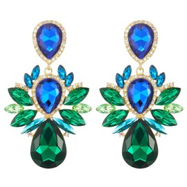 Art Deco Baroque Large Earring Crystal Rhinestone Cluster, Color of Blue and Emerald, Fashionable