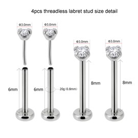 Body CAC Steel 4PCS 0.8mm(20g) Press Fit Threadless Push Pop In Labret Lip Monroe Tragus Flatback Earrings Nose Studs W/3.0mm Round Cubic Zirconia