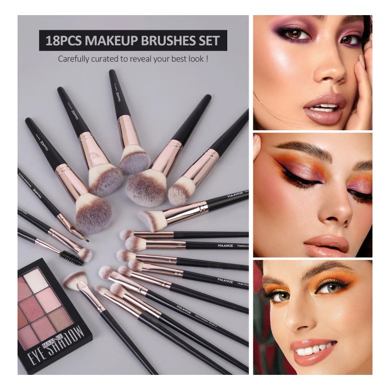 18 Piezas Brochas Set De Brochas Maquillaje Profesional Color Negro