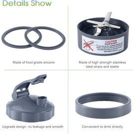 7 Pieces nutribullet Blender Cups & Blade Replacement Set 32oz Huge Cup with 1 Flip-Top To-Go Lid and 1 Lid Ring & Premium Extractor Blade with Compatible with NutriBullet 600w/900w Blender