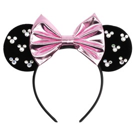 bianbaistar Black Velvet Mouse Ears Headband, Metallic Pink Bow & Crystal Accents for Nightlife & Theme Parks