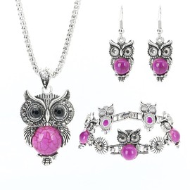 3PCS Retro Owl Jewelry Set Bohemian Turquoise Owl Necklace Earring Bracelet Set Red/Blue/Black/Pink/Purple Crystal Owl Set Owl Pendant Necklace Owl Drop Dangle Earrings Owl Bracelet Set for Women (Purple)