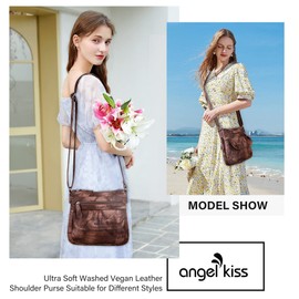 Angelkiss Small Womens Crossbody Bag Leather Shoulder Purse for Women Hobo Bag with Adjustable Shoulder Strap, 7brown