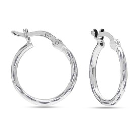 LeCalla 925 Sterling Silver Texture Hoop Earrings for Women | Small Classic 2mm Diamond-Cut Hoop Earring | Womens Round Click-Top Earring Hoops 25MM