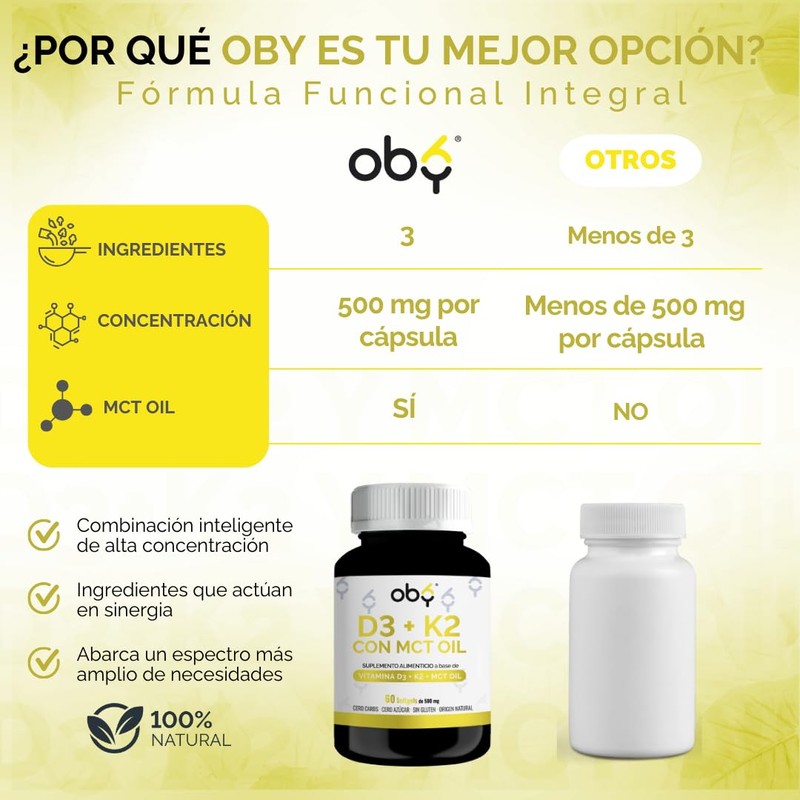 OBY Vitamina D3 K2 con MCT Oil | 60 Cápsulas