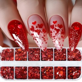 LBPEPAMZ 12 Grids Valentine's Day Nail Art Sequins 3D Holographic Red Heart Nail Glitter Sequin Shiny Letter Love Charms Nail Glitter Flakes Maple Star Butterfly Nail Art Decoration for Women DIY