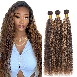 Hydtxc Jerry Curly Human Hair Bundles 14 16 18 Inch Brazilian Highlight P4/27 Bundles Human Hair Chocolate Honey Brown Weave Bundles for Black Women