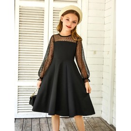 Arshiner Girl's Contrast Mesh Puff Long Sleeve High Waist A Line Black Short Dress with Pockets 6-7 Years