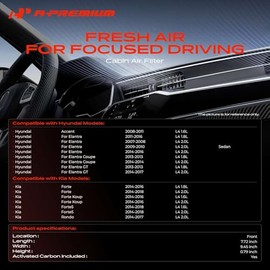 A-Premium Filtro de Aire de la Cabina con Carbón Activado Compatible con Modelos Hyundai, Kia - Accent, Elantra, Elantra Coupe, Elantra GT, Forte Koup