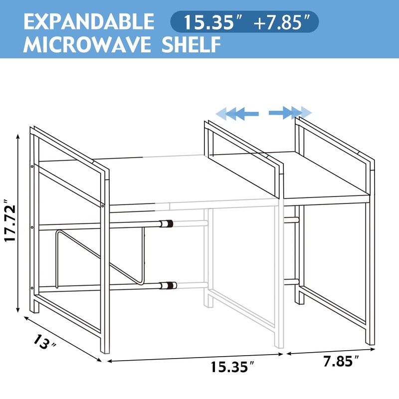 Virvia Extendable Microwave Oven Rack，Adjustable Microwave Stand Kitchen Counter Shelf