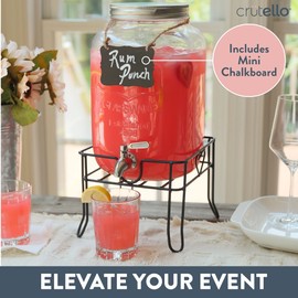 Crutello Glass Beverage Dispenser with Stainless Steel Spigot, 2 Gallon Drink Dispenser Metal Black Stand, Dispensers for Lemonade, Tea, Laundry Detergent - A Family-Owned American Brand