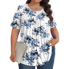 Womens Plus Size Tops Tunic Short Sleeve Crew Neck Shirts Casual Soft Blouse Blue Rose 4X