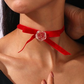 Wendalern Gothic Red Velvet Choker Necklace Classic White Rose Flower Choker 3D Resin Floral Collar Necklace Vintage Bow Flower Velvet Ribbon Choker Chain Necklace Cosplay Jewellery for Women Girls