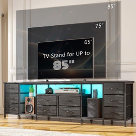 EnHomee 75, 80, 85 Inch TV Stand with 10 Fabric Drawers, 75.5" W Entertainment Center with LED Lights & Power Outlets, TV Stands for Living Room, Bedroom, Black