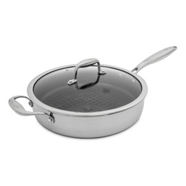 Hell's Kitchen Hybrid 4 Qt Sauté Pan and lid, Tri-Clad Stainless Steel and Nonstick Ceramic, PFAS Free, no PFOA, no PTFE, no Teflon, Non Toxic Cookware, Metal Utensil Safe, All Cooktops and Oven Safe