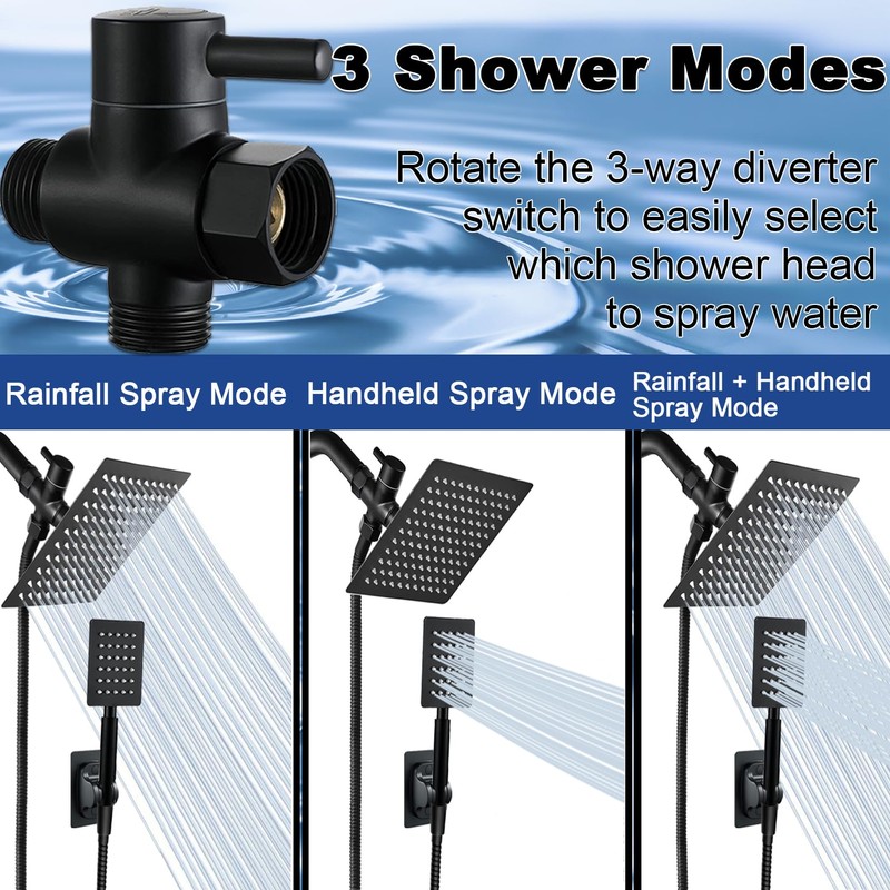 Black Shower Head and Handle Set All Metal, 8'' High
