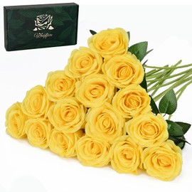 Waipfaru 16 Pcs Mothers Day Fake Roses, Silk Yellow Roses Artificial Flowers with Long Stems for Valentines Day Wedding Bouquet Vase, Cemetery Flowers for Grave (Yellow)