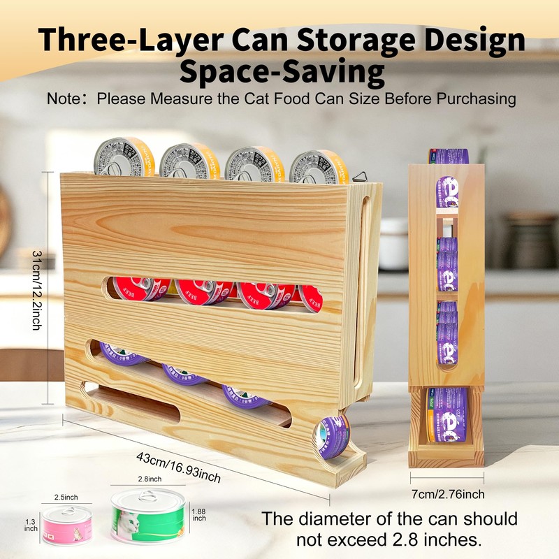 Wood Cat Food Can Organizer, 3-Tier Stackable FIFO Pantry Organizer,