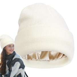 HELVES Satin Lined Beanie - Knitted Beanie Hats,Winter Beanie Hats Cable Beanie for Men Silk Lining Thick Chunky Cap Soft Slouchy Warm Hat White