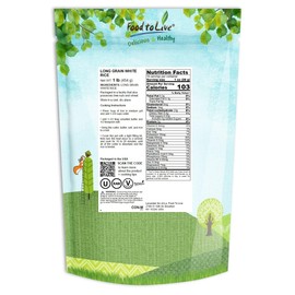 Food to Live Long Grain White Rice, 1 Pound Raw, Vegan, Kosher. Easy to Cook. Stays Separate and Fluffy. Rich in Iron and Low in Fat. Great as Side Dish. Perfect for Stuffing, Pilafs, and Salads