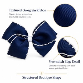 Hair Bows for Girls, 2 Pack 5 Inch Grosgrain Boutique Hair Bows with Alligator Clips, Moonstitch Edge Ribbon Bows (Navy)