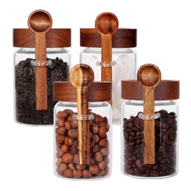 SAIOOL Loose Leaf Tea Storage Canister Set, 4 Pieces 16 OZ Glass Tea Containers with Wooden Lids and Spoons for Loose Tea, Coffee, Sugar, Oatmeal, Herbs (Tea Canisters)